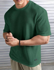 Waffle Round Neck Drop Shoulder T Shirt.