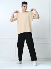BEIGE OVERSIZED DROP SHOULDER T-SHIRT.