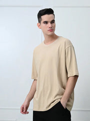 BEIGE OVERSIZED DROP SHOULDER T-SHIRT.